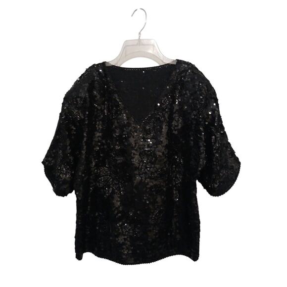 Exotic Formal Beaded Sequin Top L Black Short Sleeve NY Party Christmas Holiday - Picture 11 of 17